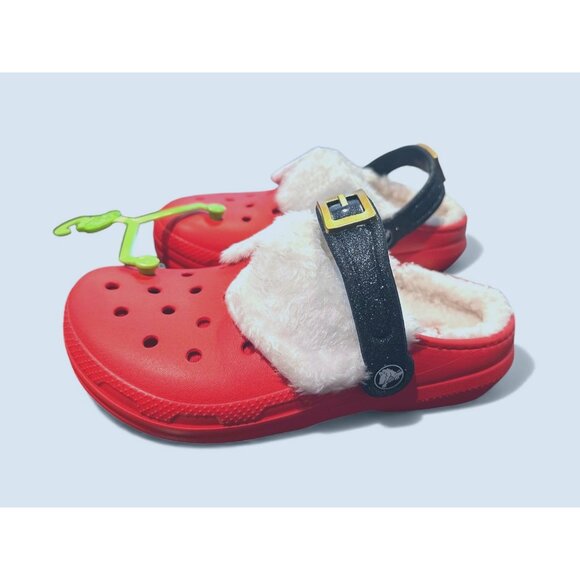 Crocs Classic Lined Santa Clog Kids J2 Red Black Fuzzy Holiday Christmas Slipper - Picture 4 of 11